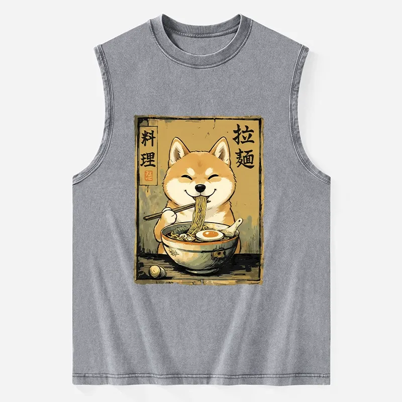Tokyo-Tiger Happy Shiba Eating Ramen Washed Tank