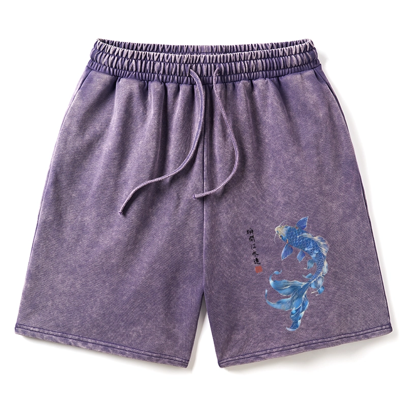 Tokyo-Tiger Lucky Blue Koi Fish Art Washed Shorts