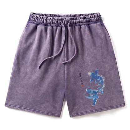 Tokyo-Tiger Lucky Blue Koi Fish Art Washed Shorts