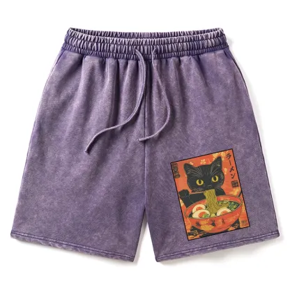 Tokyo-Tiger Hungry Black Cat Loves Ramen Washed Shorts