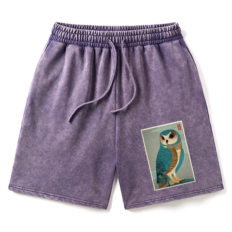 Tokyo-Tiger Vintage Owl Woodblock Art Washed Shorts