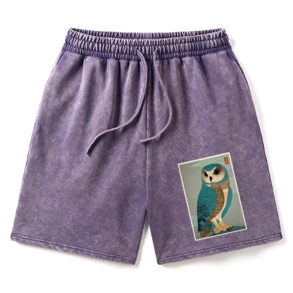 Tokyo-Tiger Vintage Owl Woodblock Art Washed Shorts
