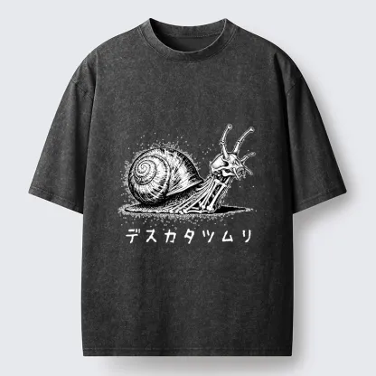 Tokyo-Tiger Creepy Skeleton Snail Inked Style Washed T-Shirt