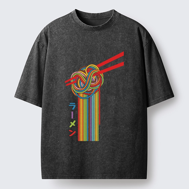 Tokyo-Tiger Colorful Noodles On Red Chopsticks Washed T-Shirt