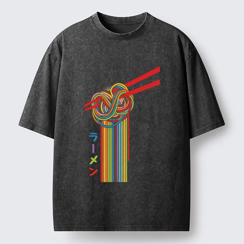 Tokyo-Tiger Colorful Noodles On Red Chopsticks Washed T-Shirt
