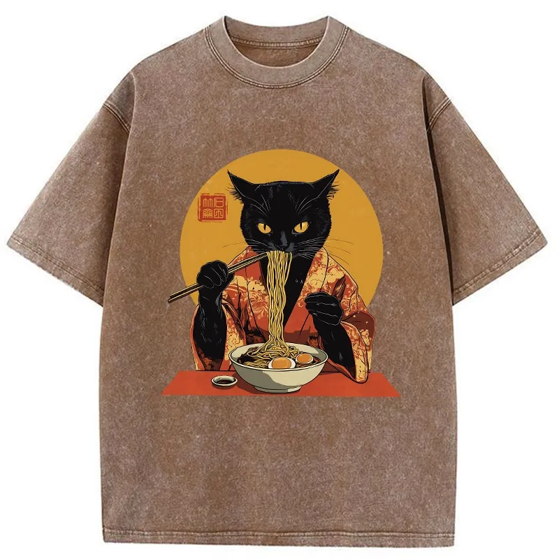 Tokyo-Tiger Ramen-obsessed Cat Washed T-Shirt