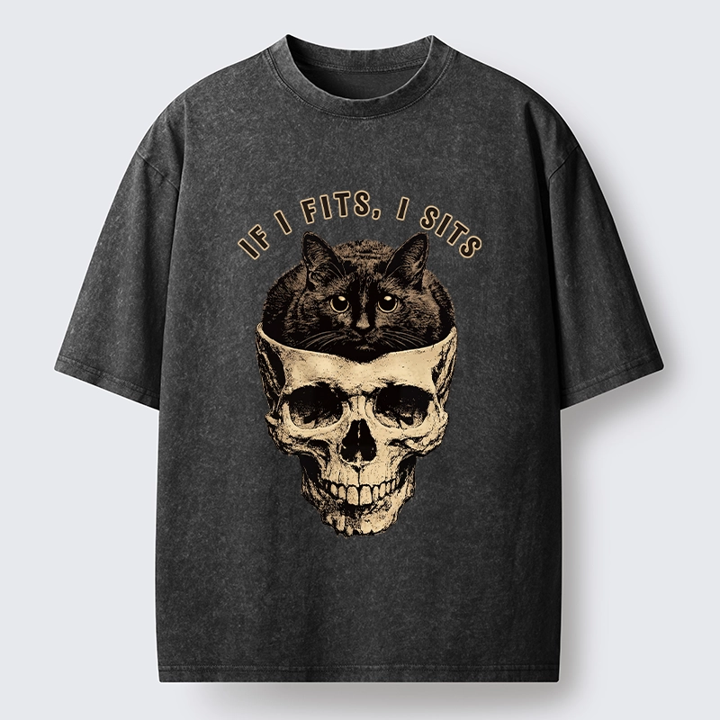 Tokyo-Tiger Cat In A Skull If It Fits I Sits Washed T-Shirt