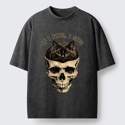 Tokyo-Tiger Cat In A Skull If It Fits I Sits Washed T-Shirt