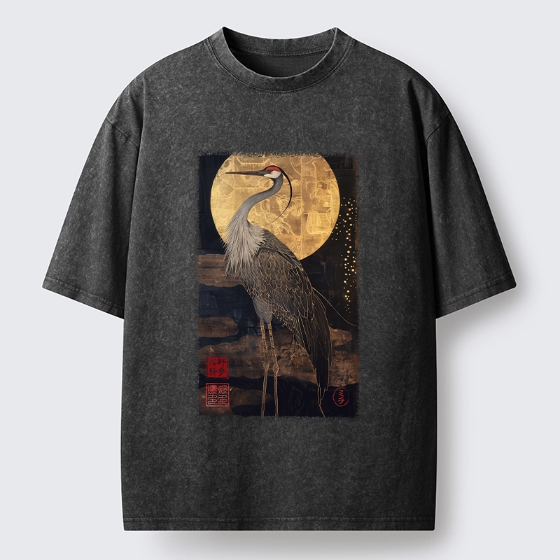 Tokyo-Tiger Golden Crane Under The Full Moon Washed T-Shirt