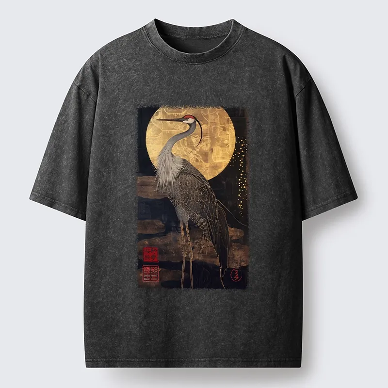 Tokyo-Tiger Golden Crane Under The Full Moon Washed T-Shirt