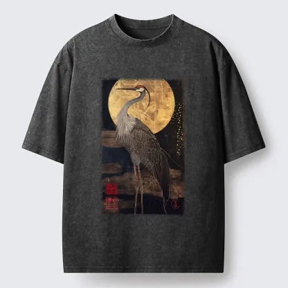 Tokyo-Tiger Golden Crane Under The Full Moon Washed T-Shirt