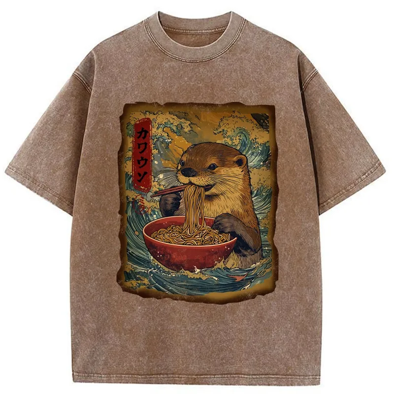 Tokyo-Tiger Otter Eats Ramen Washed T-Shirt