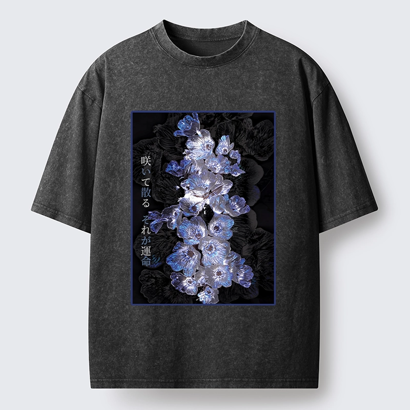 Tokyo-Tiger Glowing Blue Flowers In The Dark Washed T-Shirt
