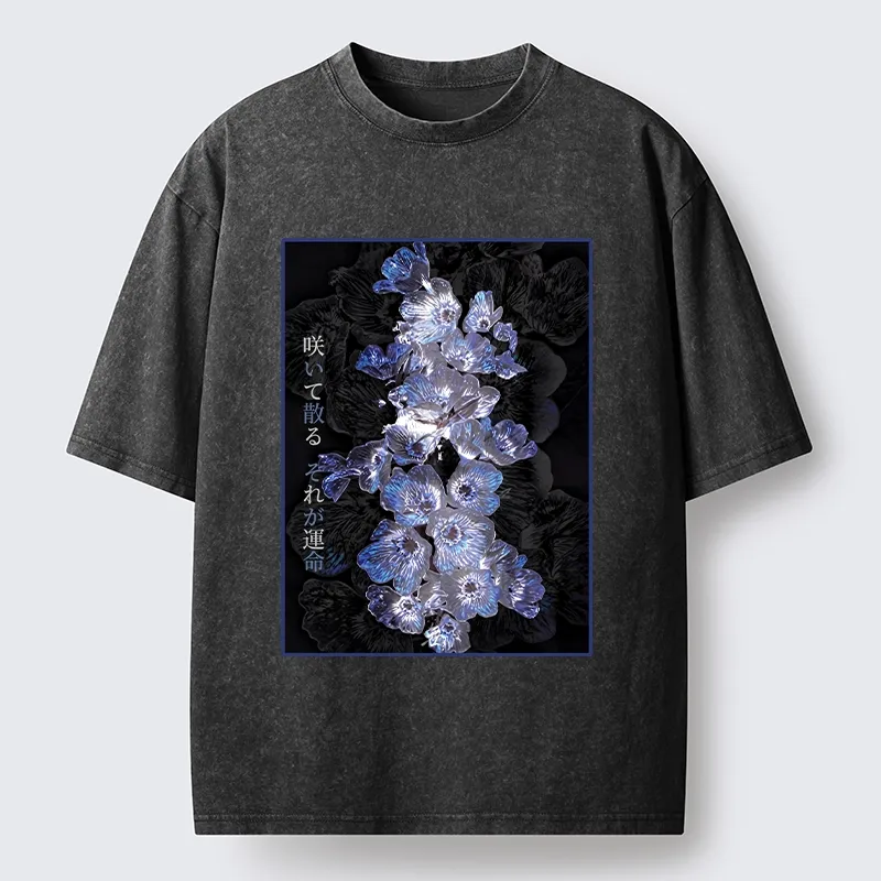 Tokyo-Tiger Glowing Blue Flowers In The Dark Washed T-Shirt
