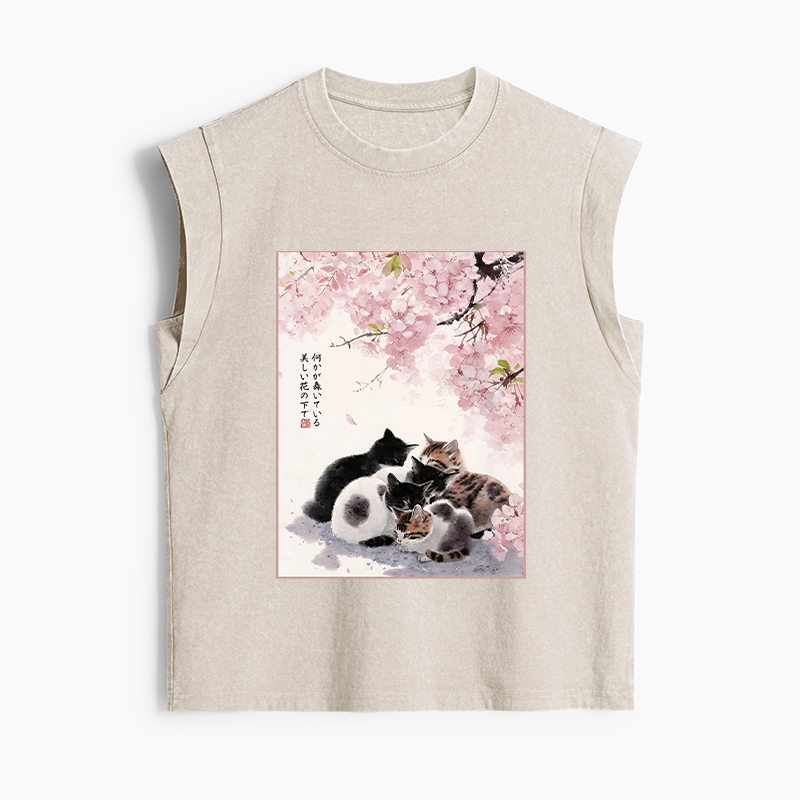 Tokyo-Tiger Cute Cats Sakura Garden Women's Washed Tank Tops