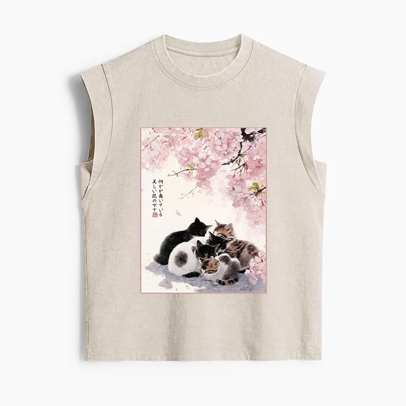 Tokyo-Tiger Cute Cats Sakura Garden Women's Washed Tank Tops