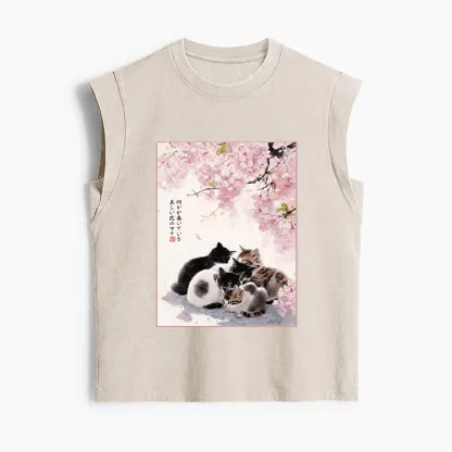 Tokyo-Tiger Cute Cats Sakura Garden Women's Washed Tank Tops