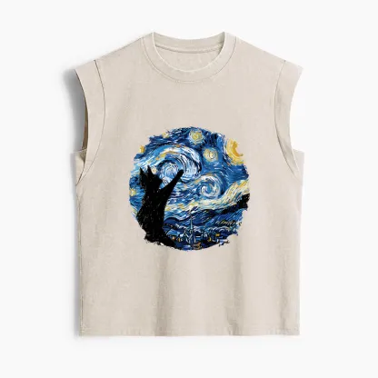 Tokyo-Tiger Starry Night Black Cat Women's Washed Tank Tops