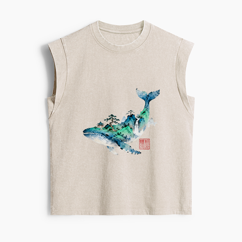 Tokyo-Tiger Whale Ink Painting Landscape Women's Washed Tank Tops