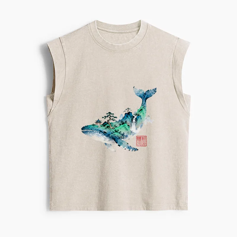 Tokyo-Tiger Whale Ink Painting Landscape Women's Washed Tank Tops