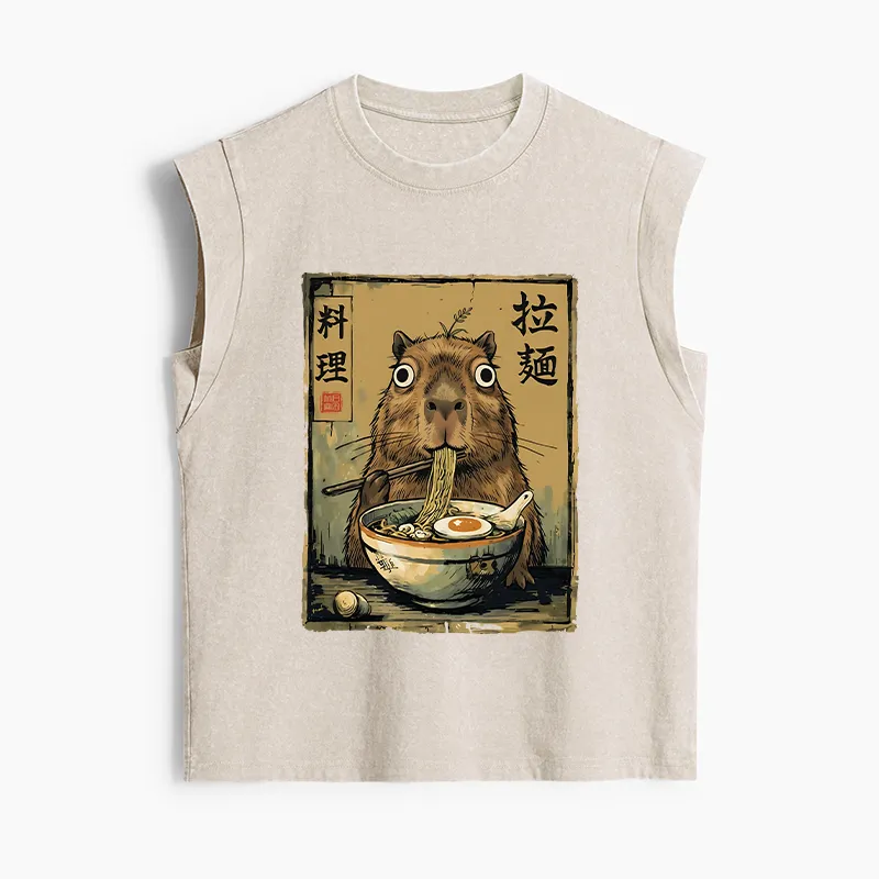 Tokyo-Tiger Cute Capybara Eating Ramen Women's Washed Tank Tops