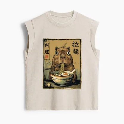 Tokyo-Tiger Cute Capybara Eating Ramen Women's Washed Tank Tops