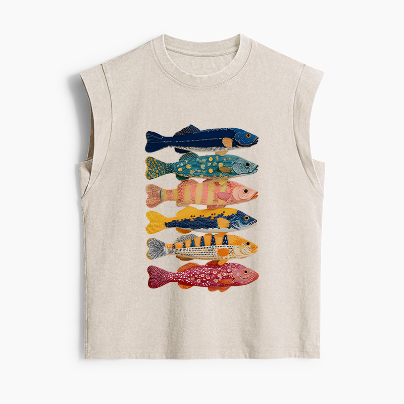 Tokyo-Tiger Colorful Fish Art Collection Women's Washed Tank Tops