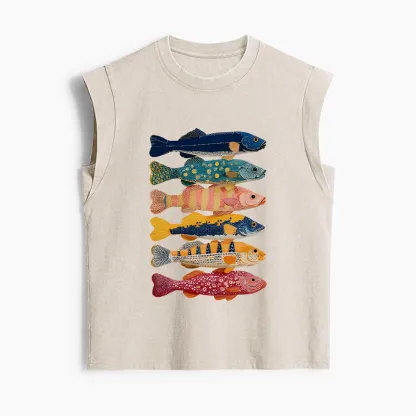 Tokyo-Tiger Colorful Fish Art Collection Women's Washed Tank Tops