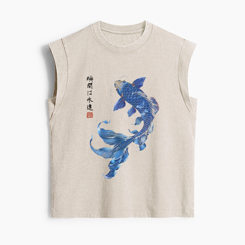 Tokyo-Tiger Lucky Blue Koi Fish Art Women's Washed Tank Tops