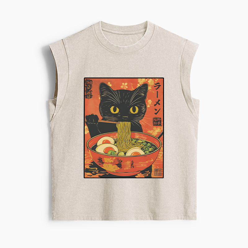 Tokyo-Tiger Hungry Black Cat Loves Ramen Women's Washed Tank Tops