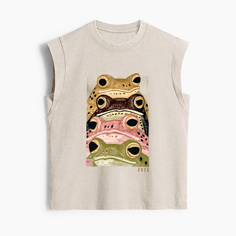 Tokyo-Tiger Whimsical Multi Colored Frog Art Women's Washed Tank Tops