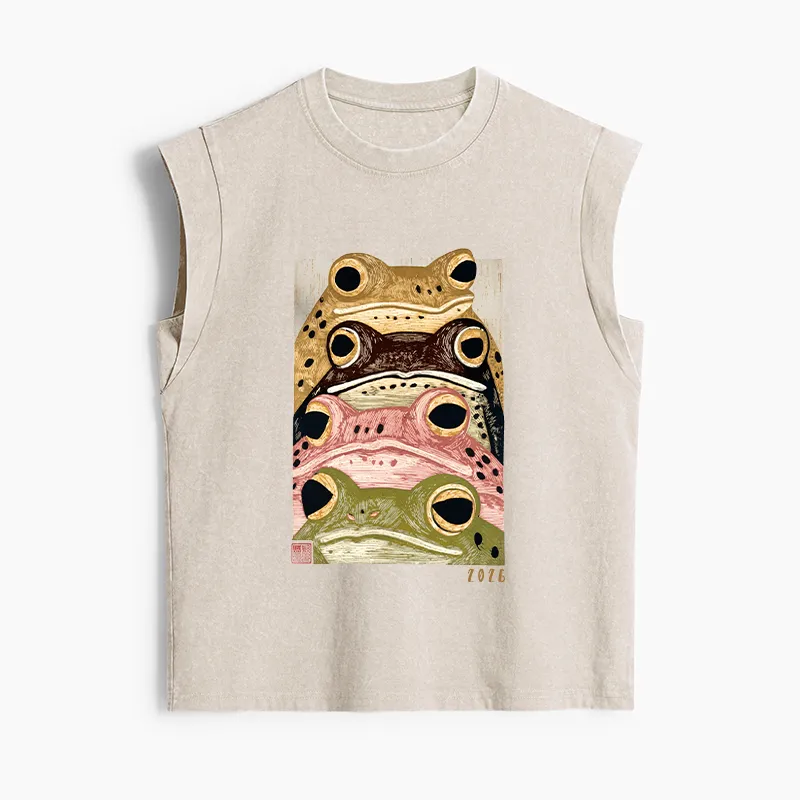 Tokyo-Tiger Whimsical Multi Colored Frog Art Women's Washed Tank Tops