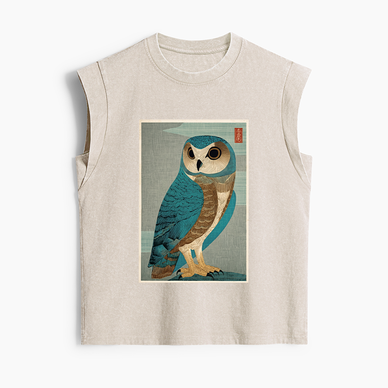 Tokyo-Tiger Vintage Owl Woodblock Art Women's Washed Tank Tops