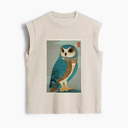 Tokyo-Tiger Vintage Owl Woodblock Art Women's Washed Tank Tops
