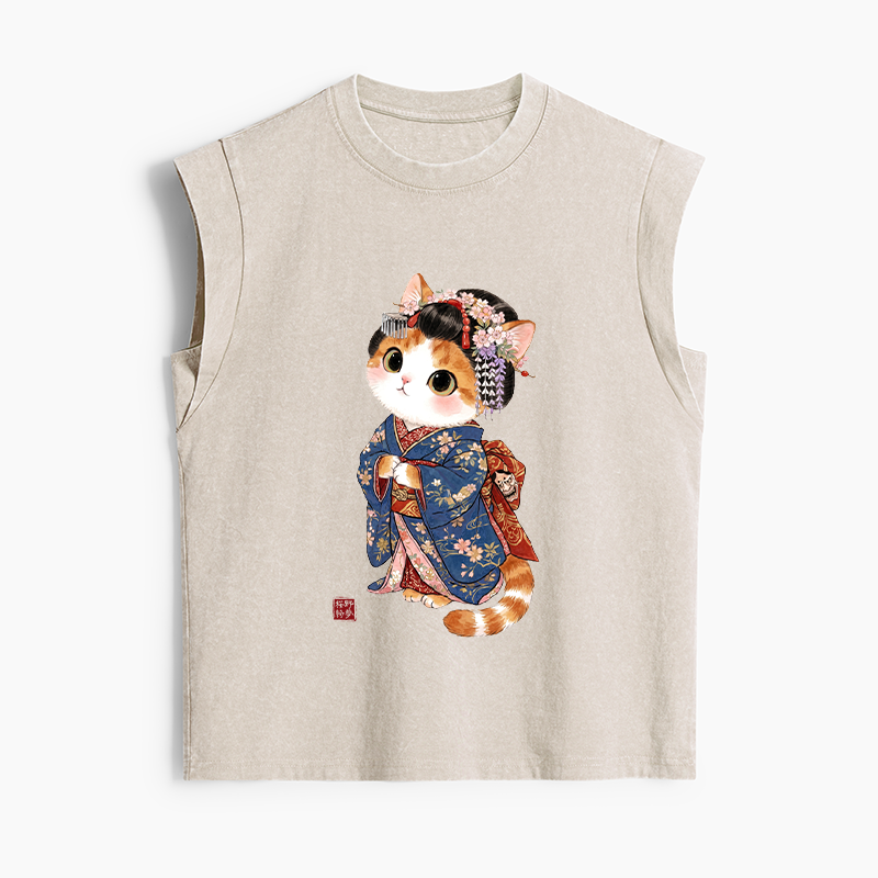 Tokyo-Tiger Cat Dressed As A Geisha Funny Women's Washed Tank Tops