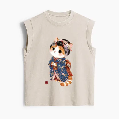 Tokyo-Tiger Cat Dressed As A Geisha Funny Women's Washed Tank Tops