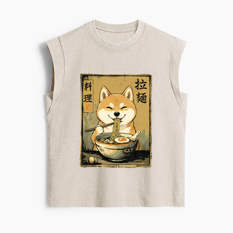Tokyo-Tiger Happy Shiba Eating Ramen Women's Washed Tank Tops