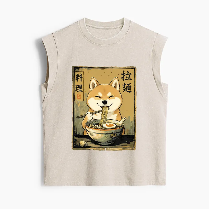 Tokyo-Tiger Happy Shiba Eating Ramen Women's Washed Tank Tops
