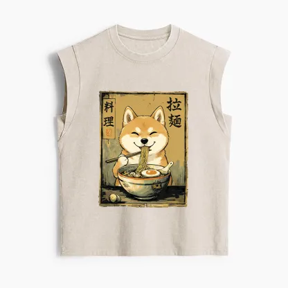 Tokyo-Tiger Happy Shiba Eating Ramen Women's Washed Tank Tops