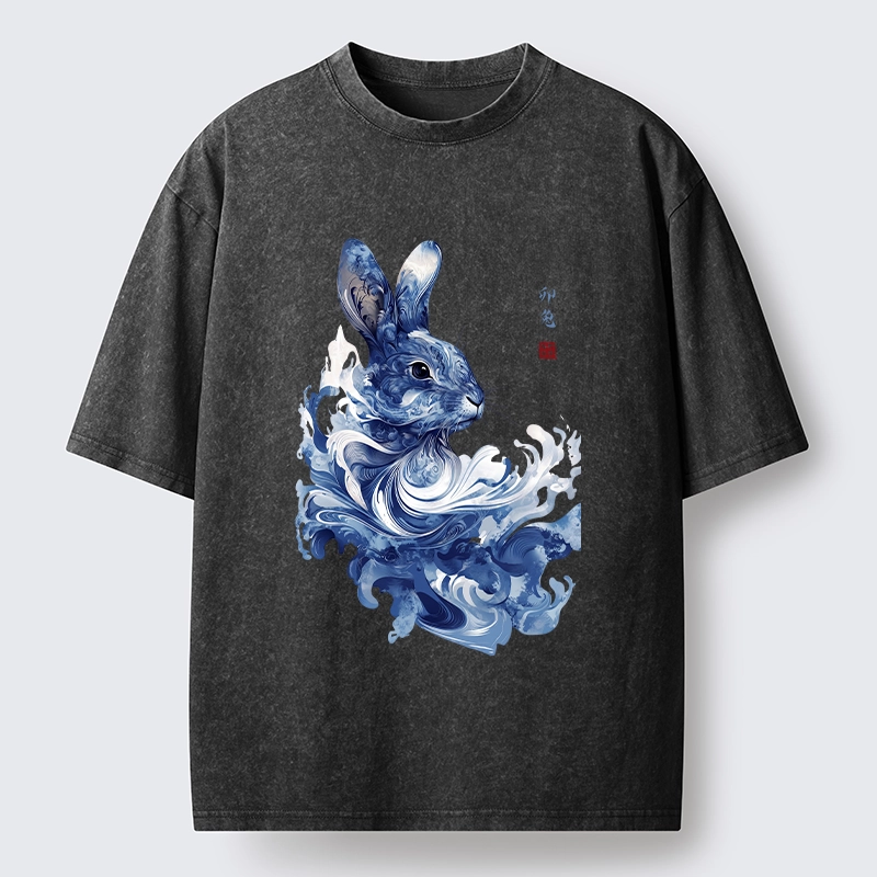 Tokyo-Tiger Blue And White Rabbit Art Washed T-Shirt