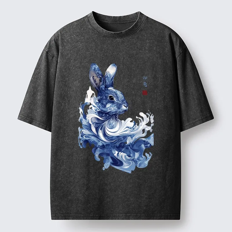 Tokyo-Tiger Blue And White Rabbit Art Washed T-Shirt