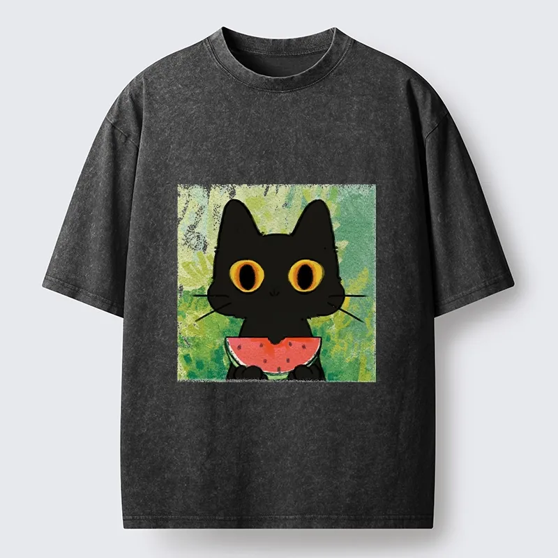 Tokyo-Tiger Black Cat Loves Watermelon Washed T-Shirt