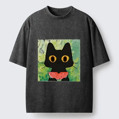 Tokyo-Tiger Black Cat Loves Watermelon Washed T-Shirt