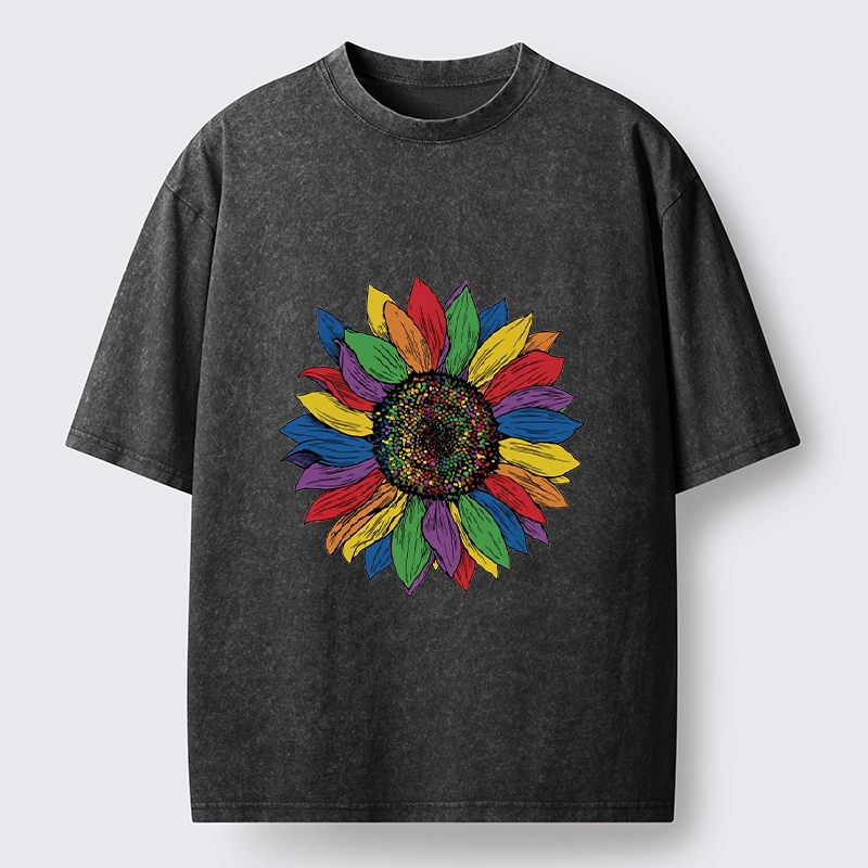 Tokyo-Tiger Rainbow Sunflower Pride Art Washed T-Shirt