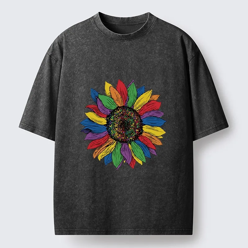 Tokyo-Tiger Rainbow Sunflower Pride Art Washed T-Shirt