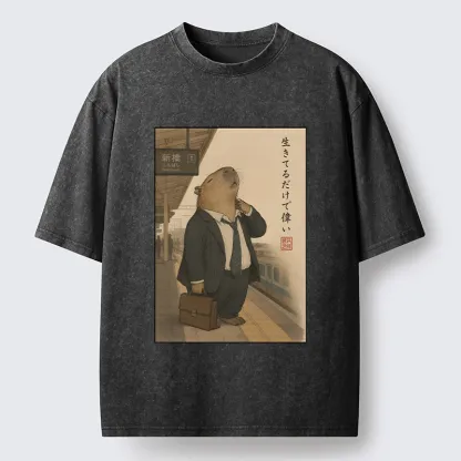 Tokyo-Tiger Funny Capybara Office Worker Meme Washed T-Shirt