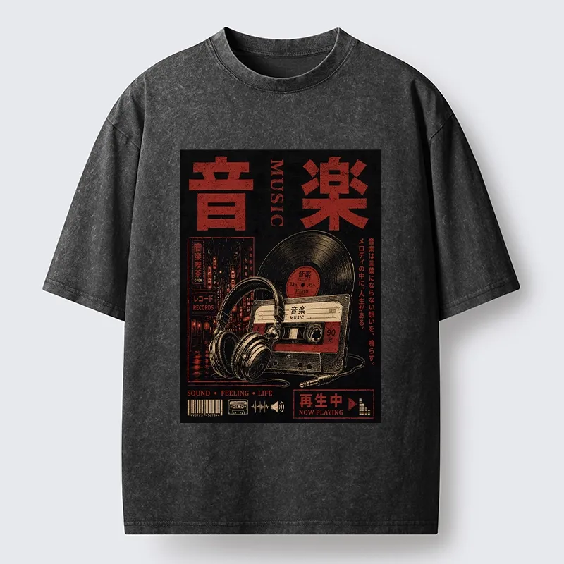 Tokyo-Tiger Retro Music Lovers Washed T-Shirt