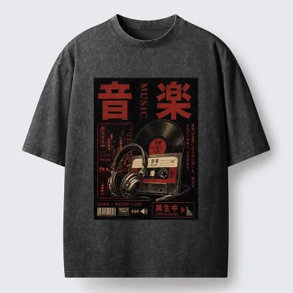 Tokyo-Tiger Retro Music Lovers Washed T-Shirt