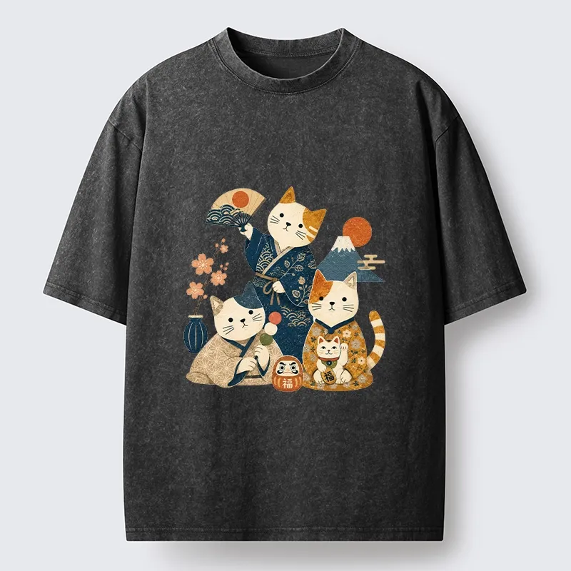 Tokyo-Tiger Lucky Cats Enjoying Traditional Japan Vibes Washed T-Shirt Sale
