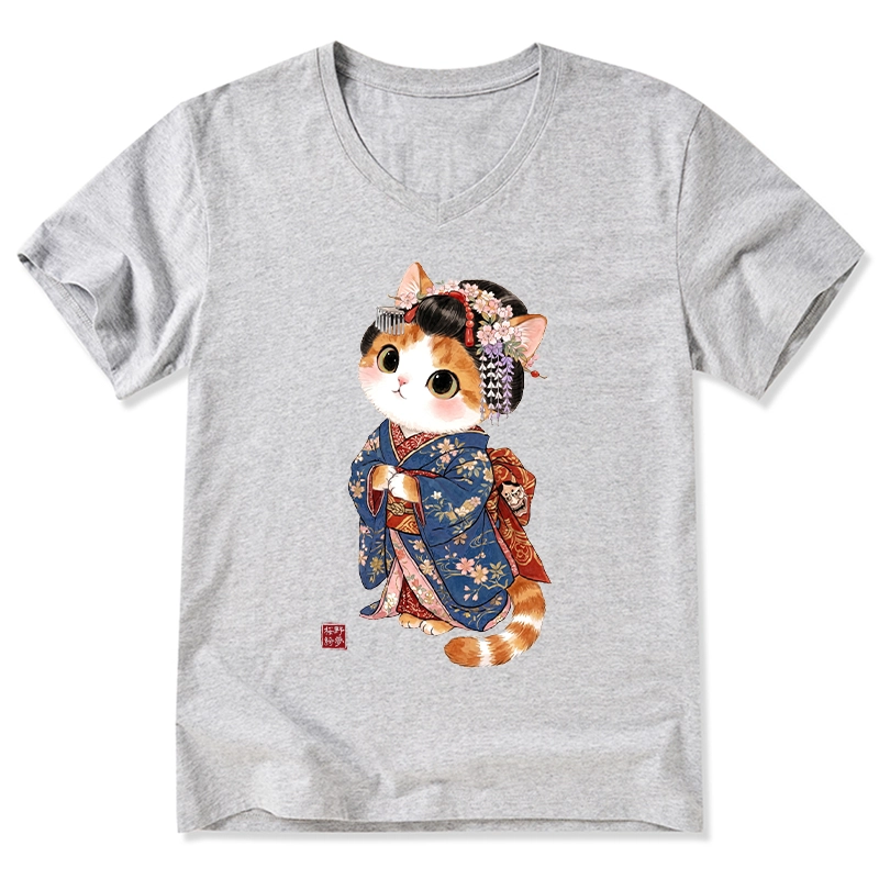 Tokyo-Tiger Cat Dressed As A Geisha Funny V-Neck Classic T-Shirt